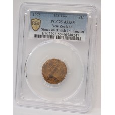 NEW ZEALAND 1975 . TWO 2 CENTS COIN . ERROR . MULE . STRUCK ON BRITISH FLAN